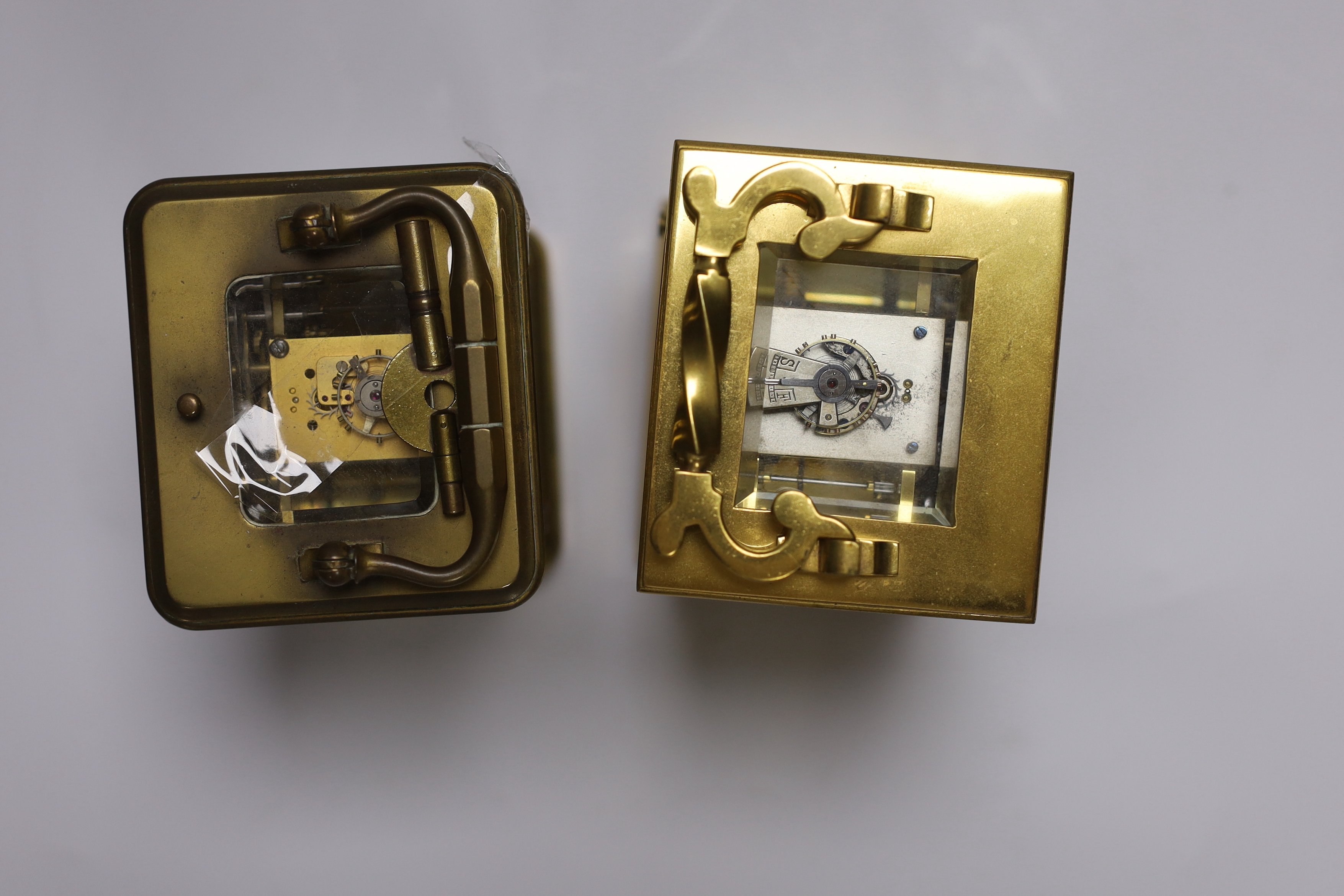 A French gilt brass cased carriage clock with twisted column supports, together with a further carriage clock, tallest 14cm (2)